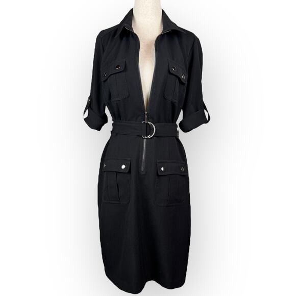 Sharagano Black Front Zip Dress with Cinch Waist Belt Cuffed Sleeves Size 4 - Picture 1 of 13